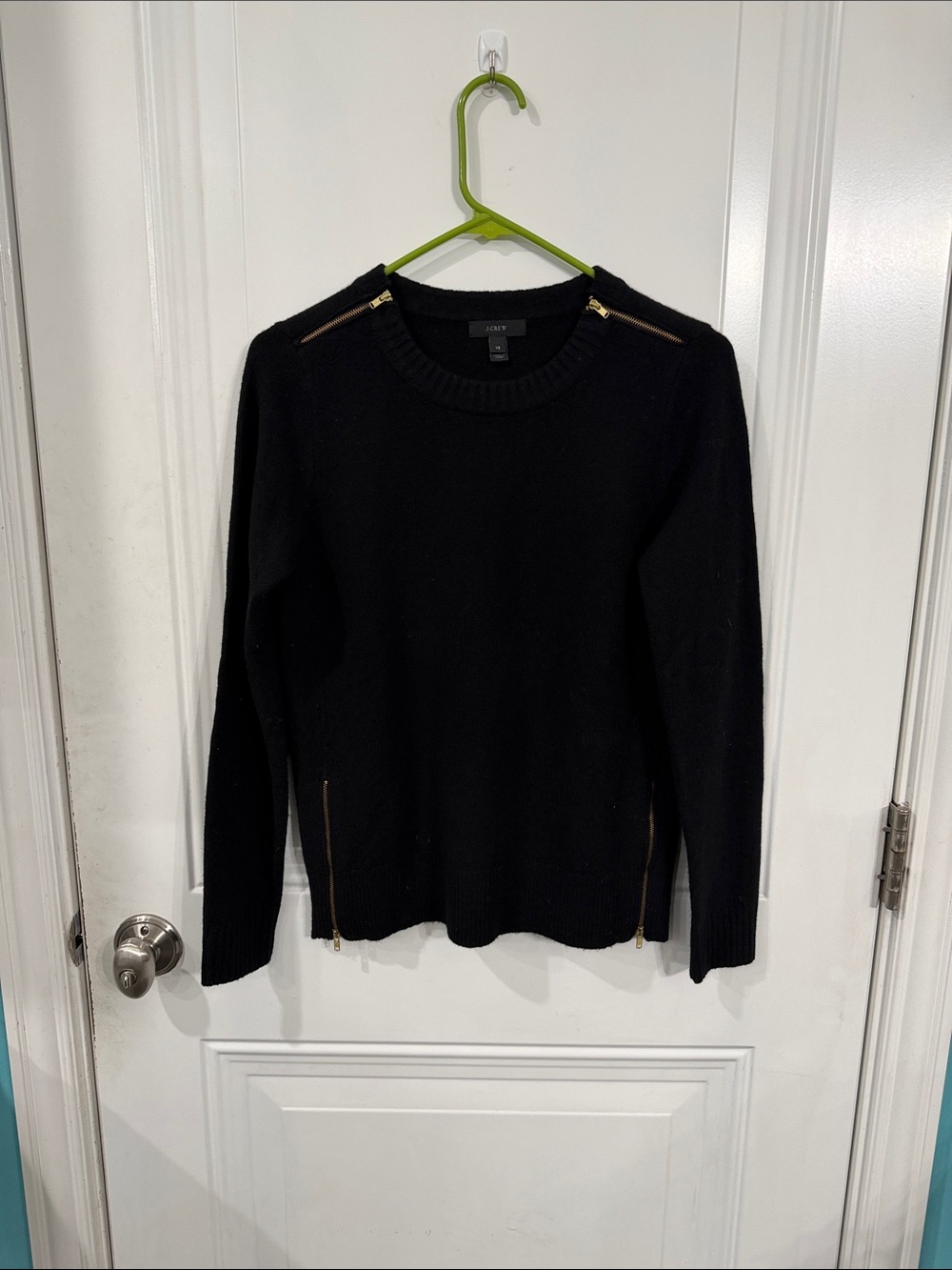 J. Crew Black Crewneck Wool Sweater with Gold Zipper Accents